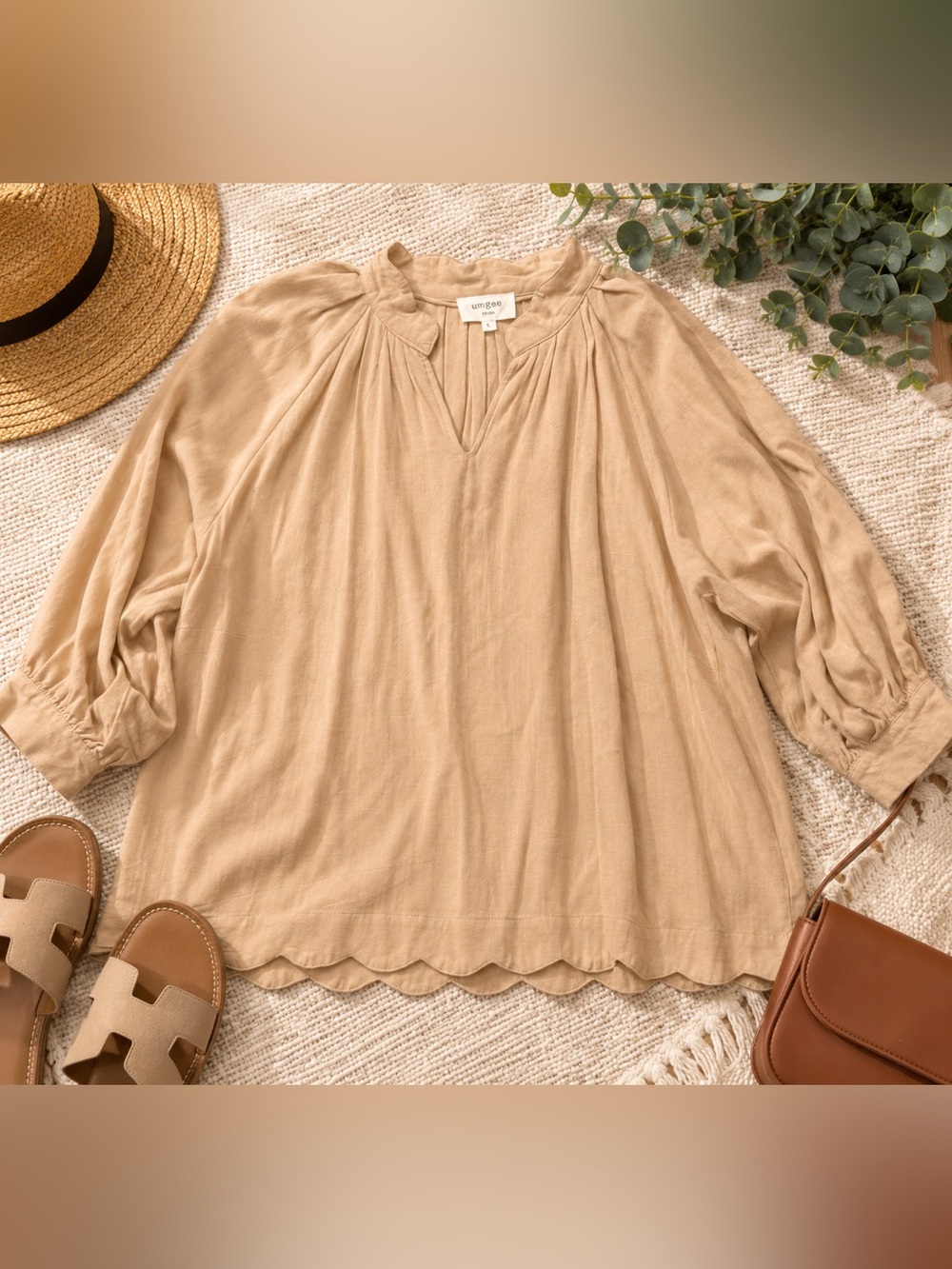 Umgee Women’s Large Tan Beige Boho Scalloped Hem Puff Sleeve Blouse